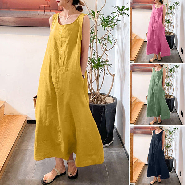 Womens Loose Camisole Dress Round Neck Cotton Linen Pocket Sleeveless Long Gown