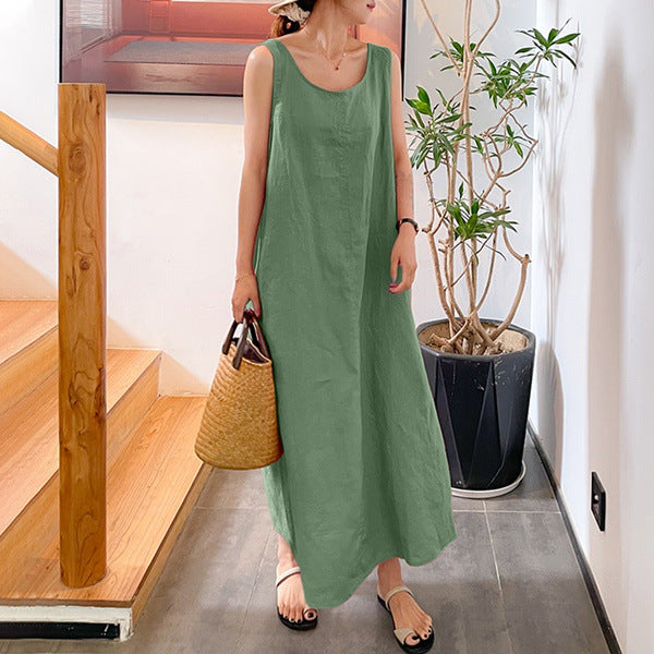 Womens Loose Camisole Dress Round Neck Cotton Linen Pocket Sleeveless Long Gown