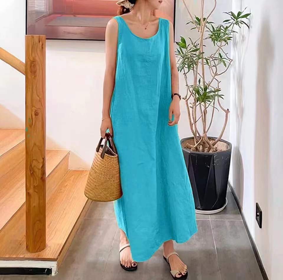 Womens Loose Camisole Dress Round Neck Cotton Linen Pocket Sleeveless Long Gown