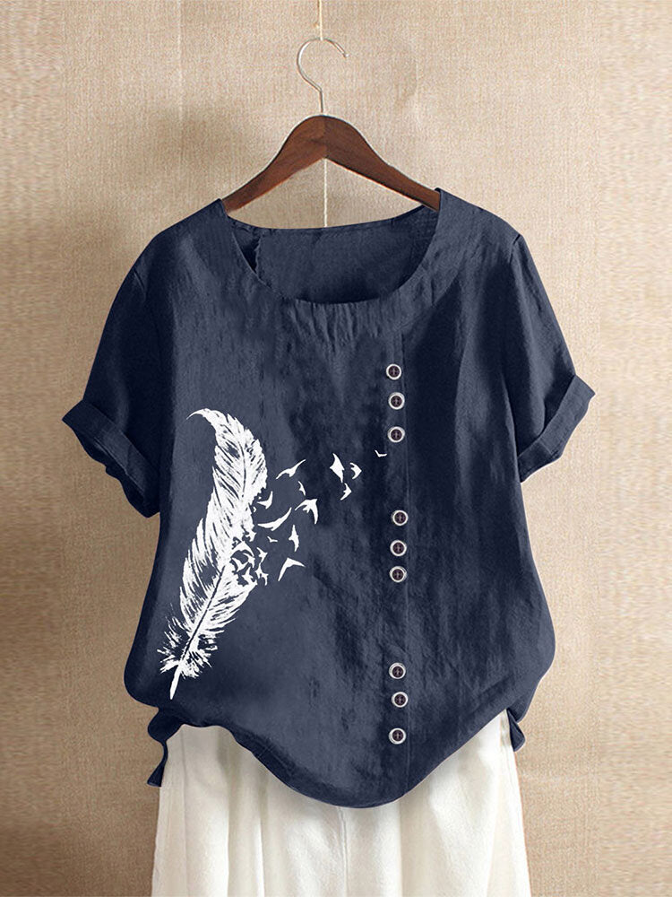 Feather Print O-neck Button Short Sleeve Vintage T-Shirt For Women