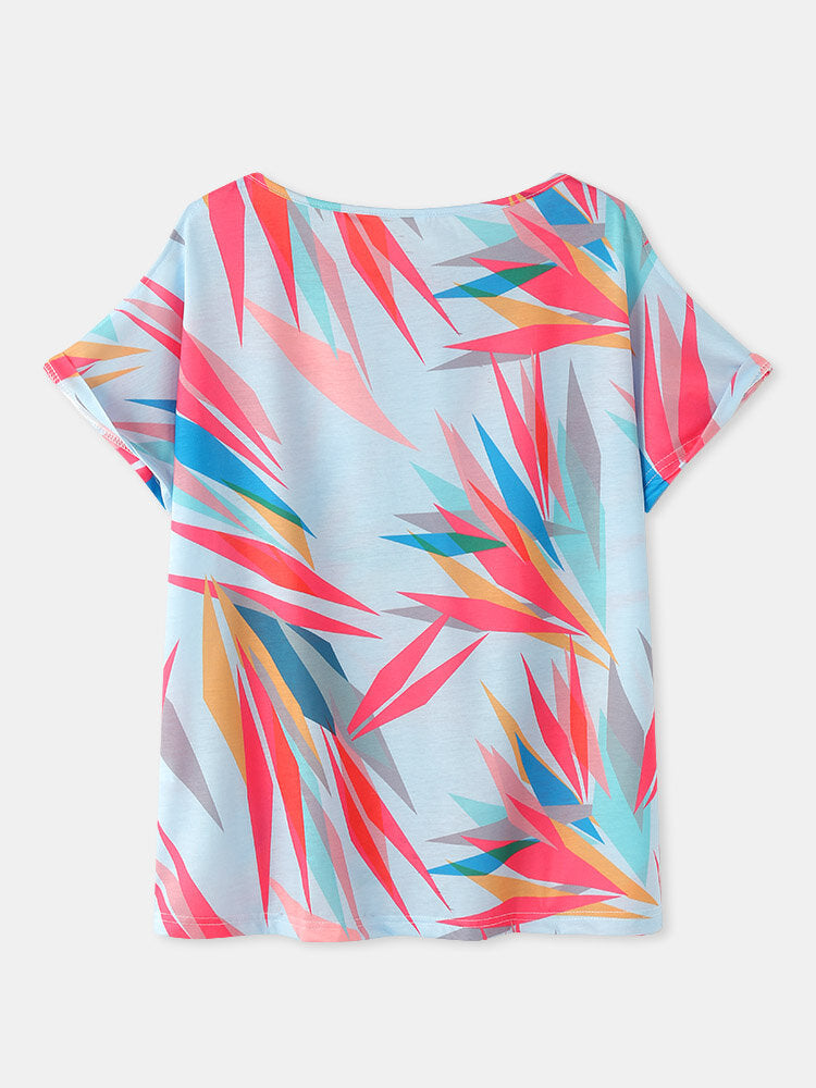 Geometric Print O-neck Short Sleeve Loose Casual T-Shirt For Women