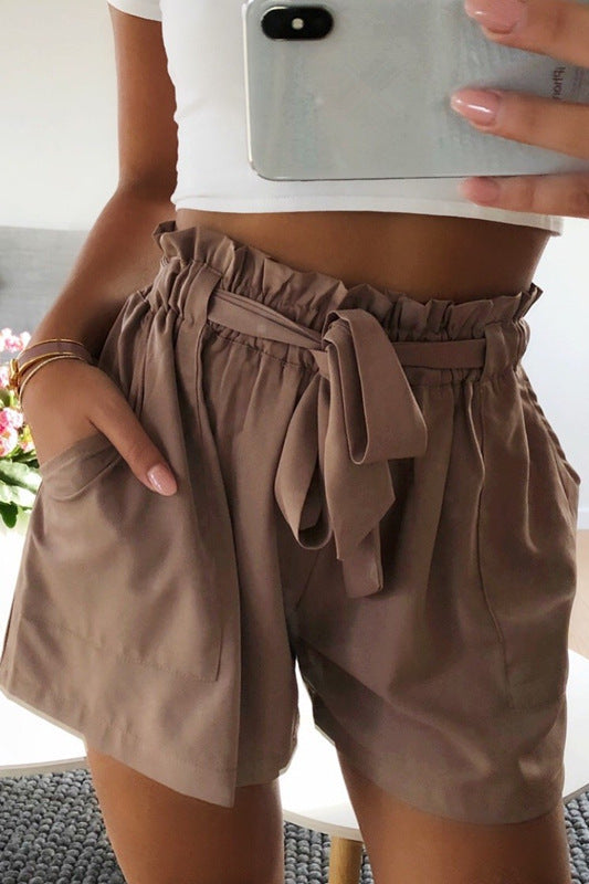 Elegant Women Summer Solid Pocket High Waist Casual Tie Front Shorts