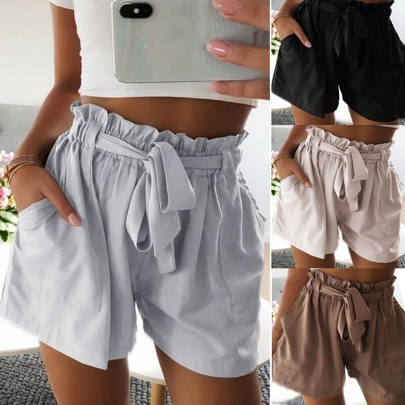 Elegant Women Summer Solid Pocket High Waist Casual Tie Front Shorts