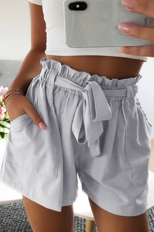 Elegant Women Summer Solid Pocket High Waist Casual Tie Front Shorts