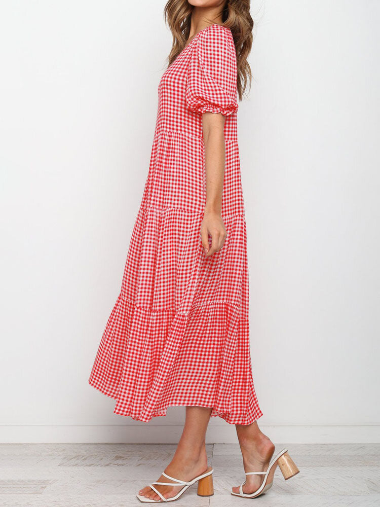 Plaid Polka Dot O-neck Puff Short Sleeve Dress For Women