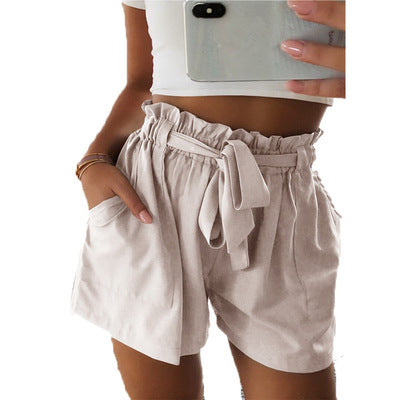 Elegant Women Summer Solid Pocket High Waist Casual Tie Front Shorts