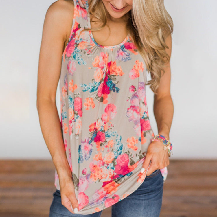 Women Summer Casual Floral Printed Sleeveless Plus Size Beach Tops