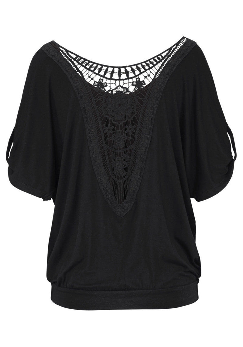 Plus Size Stitching Lace Round Neck Reverse Sleeve T-Shirt Tops