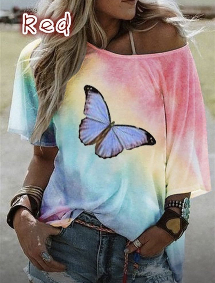 Women Plus Size woman Tees Street wear One Shoulder Boho Tie-dye Oversized Loose T-Shirt Butterfly Print Tops