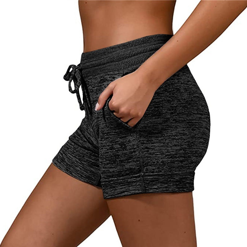 Women Summer Sports Wear Solid Color Drawstring Elastic Waist Yoga Shorts with Pockets for Girls New Style