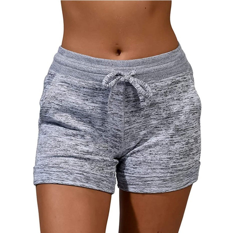 Women Summer Sports Wear Solid Color Drawstring Elastic Waist Yoga Shorts with Pockets for Girls New Style