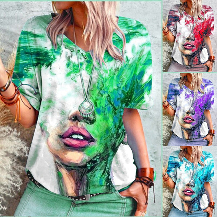 Women Casual Loose FashionT Shirt Summer Portrait Tie dye Printing V Neck Short Sleeved Tops