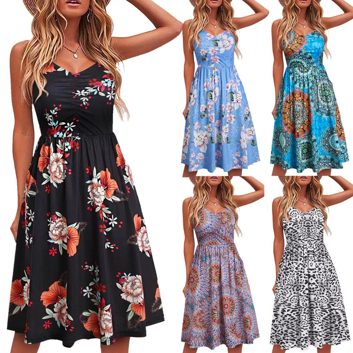 Summer Sling Dress Women New Sexy Backless Print Loose High Waist Stitching Sling Big Swing Dresses Female Refreshing Fashion