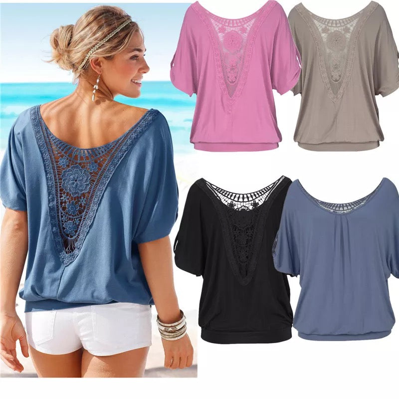 Plus Size Stitching Lace Round Neck Reverse Sleeve T-Shirt Tops