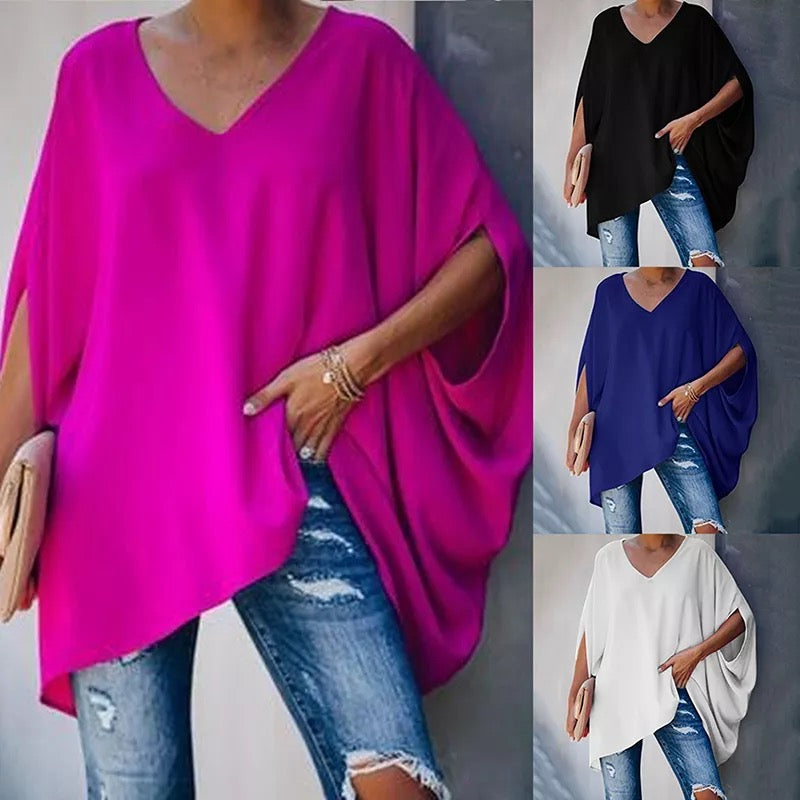 Women Summer Elegant V Neck Solid Long Sleeve Loose Fit Tops