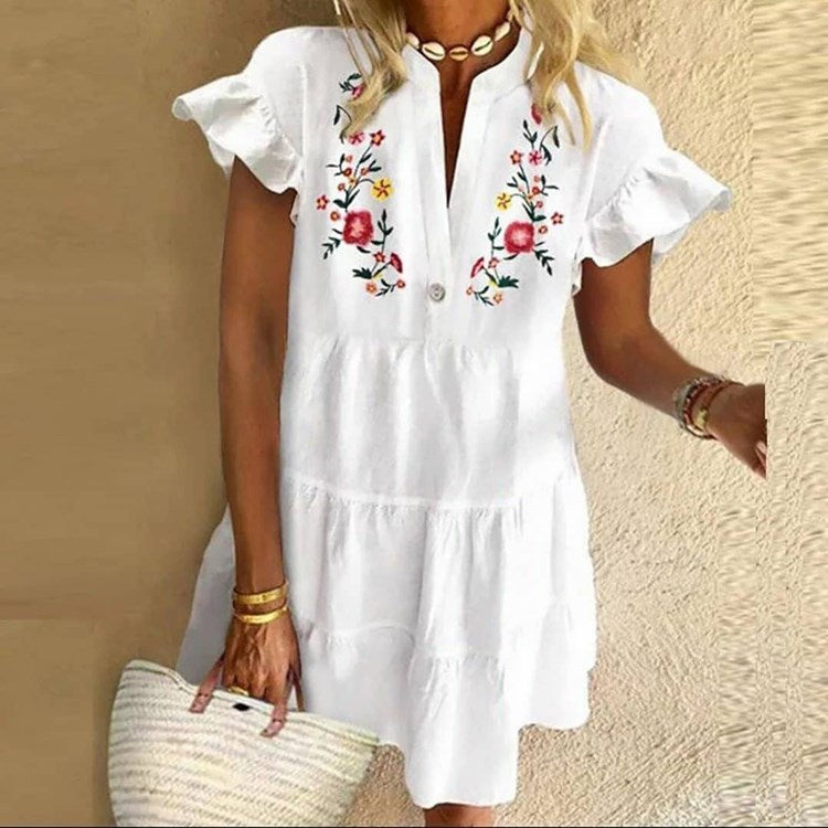 Classy Floral Print Character Ladies V Neck Loose Summer Tassel Fringed Sleeve Mini Sundress