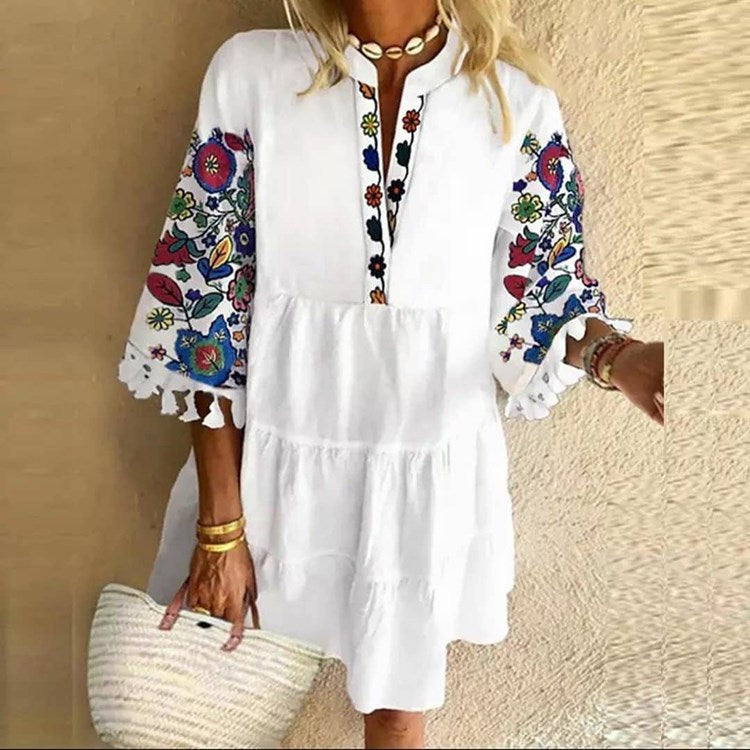 Classy Floral Print Character Ladies V Neck Loose Summer Tassel Fringed Sleeve Mini Sundress