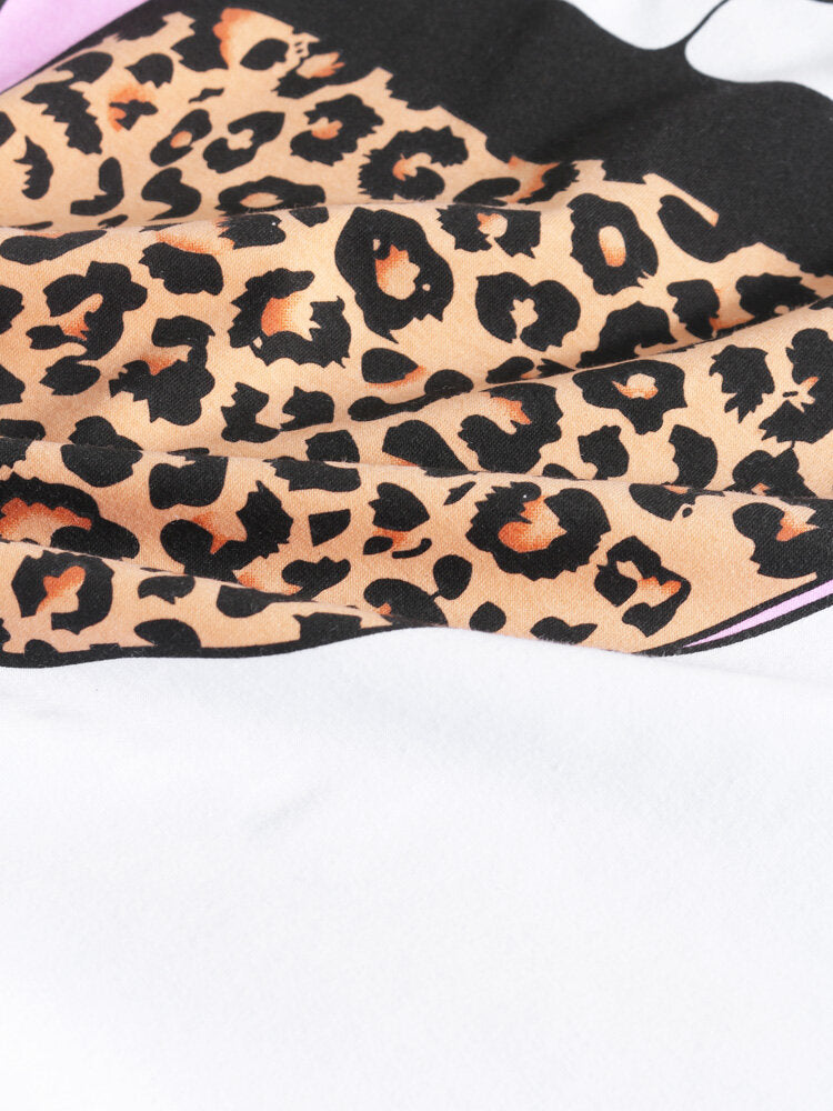 Lips Leopard Print O-neck Short Sleeve Casual T-Shirt For Women