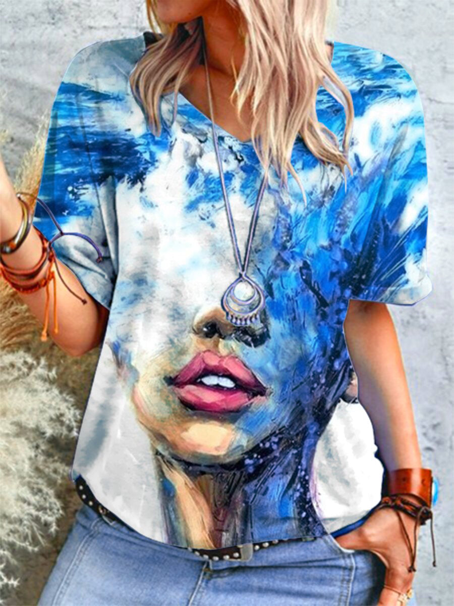 Women Casual Loose FashionT Shirt Summer Portrait Tie dye Printing V Neck Short Sleeved Tops