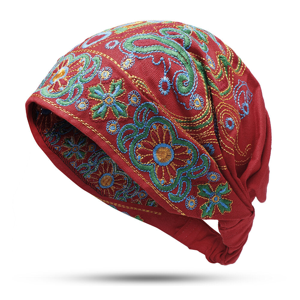 Womens Embroidery Ethnic Cotton Beanie Hat Vintage Good Elastic Breathable Turban Cap