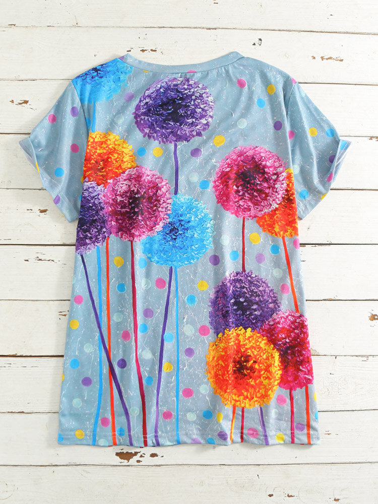 Multi-color Flower Dot Print V-neck Short Sleeve Casual T-Shirt