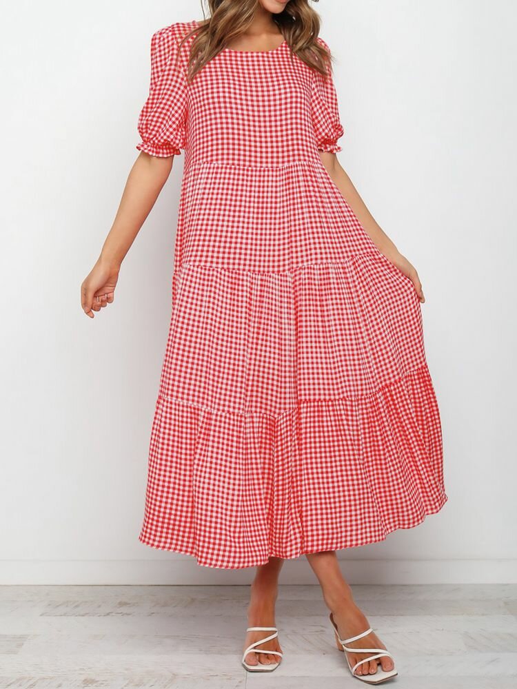 Plaid Polka Dot O-neck Puff Short Sleeve Dress For Women