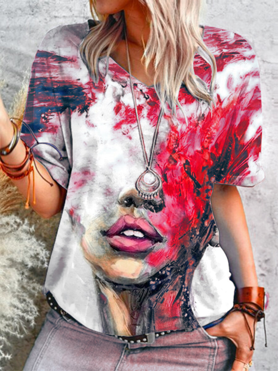 Women Casual Loose FashionT Shirt Summer Portrait Tie dye Printing V Neck Short Sleeved Tops