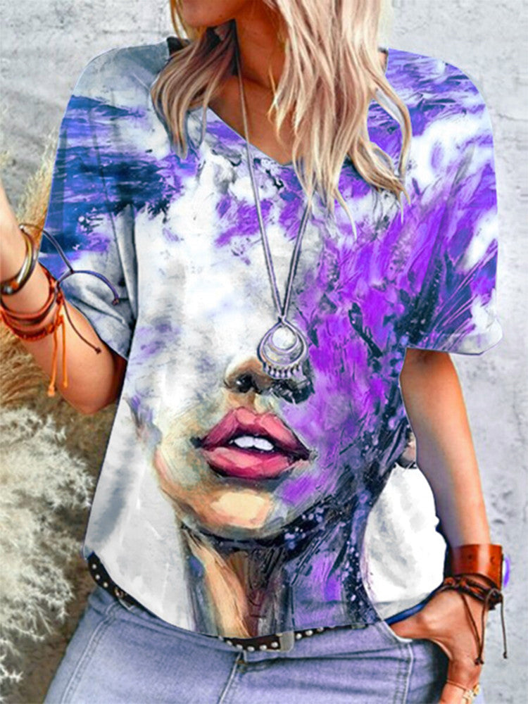 Women Casual Loose FashionT Shirt Summer Portrait Tie dye Printing V Neck Short Sleeved Tops