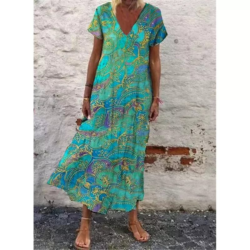 Vintage Summer Short Sleeve Plus Size A-Line Ruffles Maxi Dress Robe Femme