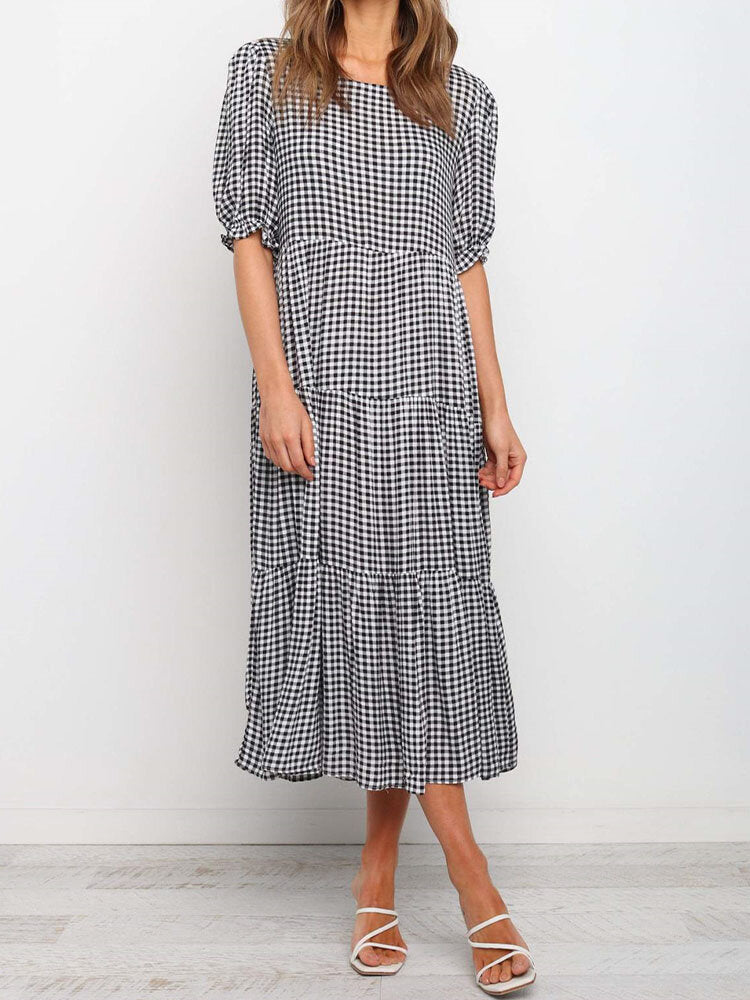 Plaid Polka Dot O-neck Puff Short Sleeve Dress For Women