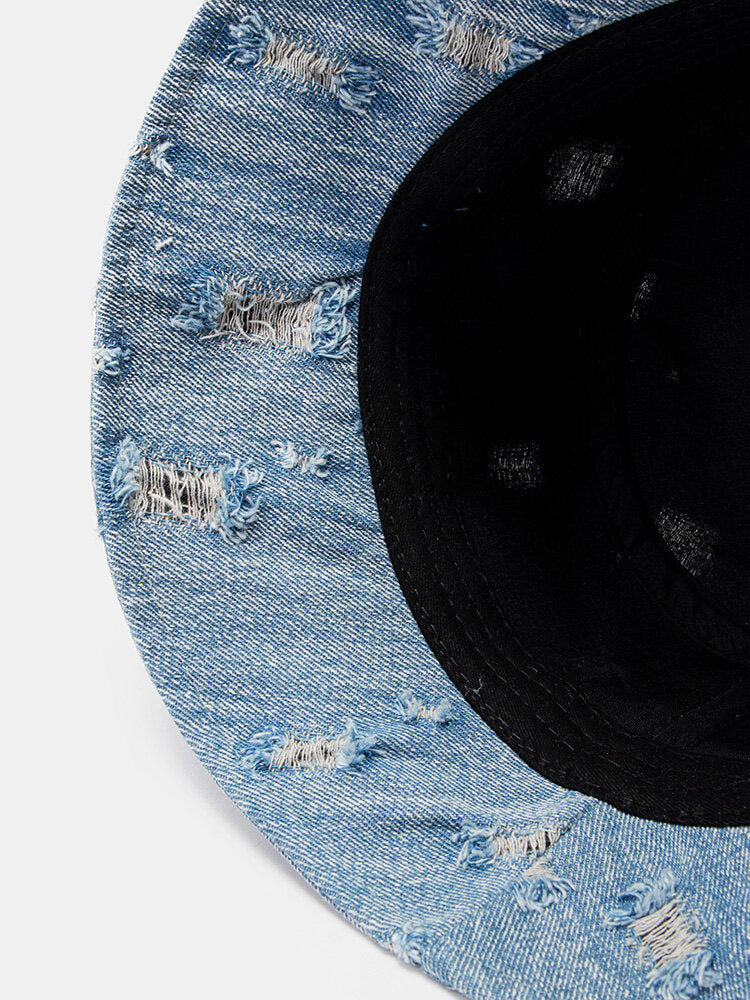 Unisex Denim Letter Pattern Embroidery Damaged Made-old Fashion Bucket Hat