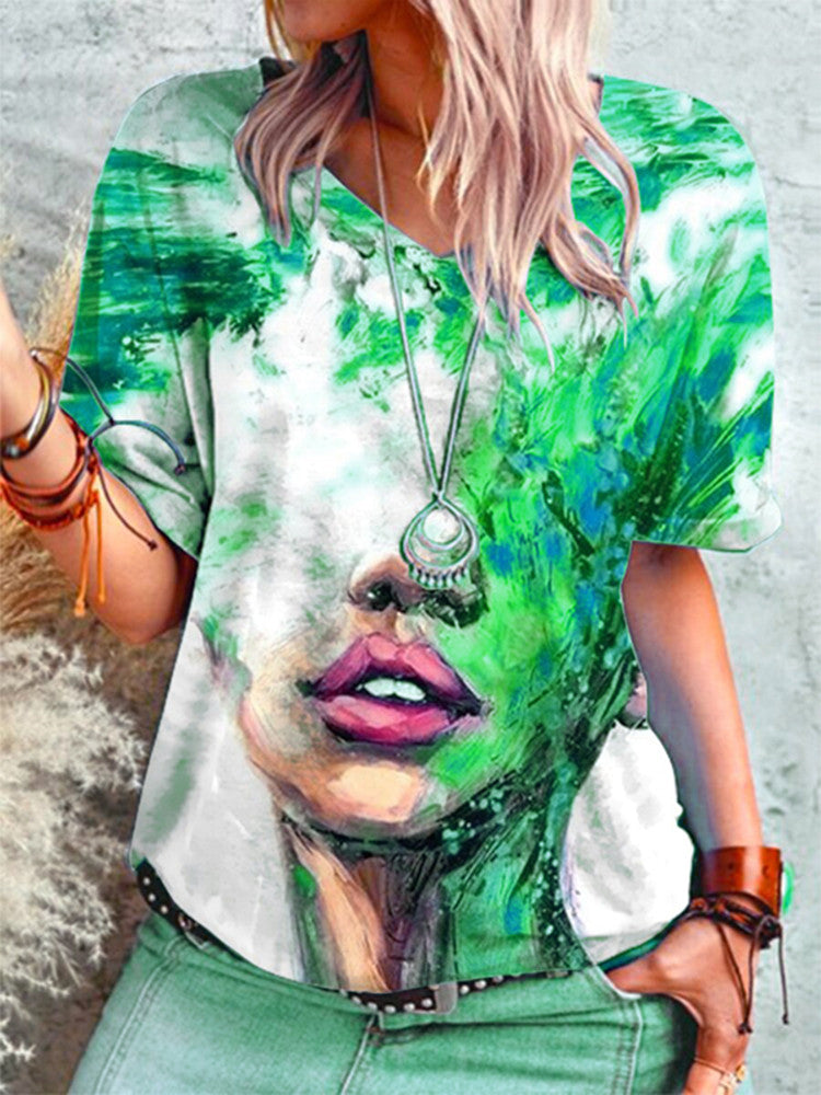 Women Casual Loose FashionT Shirt Summer Portrait Tie dye Printing V Neck Short Sleeved Tops