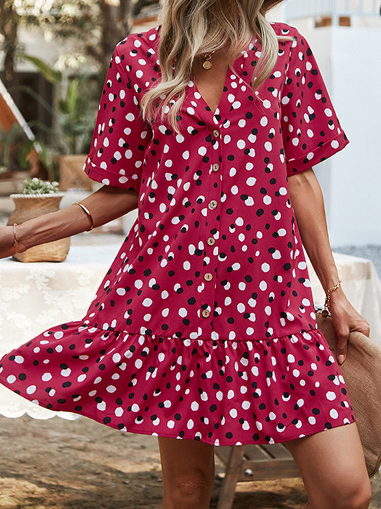 Polka Dot Half Sleeve Button V-neck Dress For Women