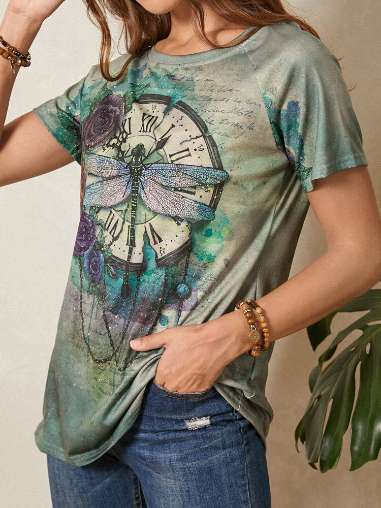 Dragonfly Flower Watch Print O-neck Short Sleeve T-Shirt For Women