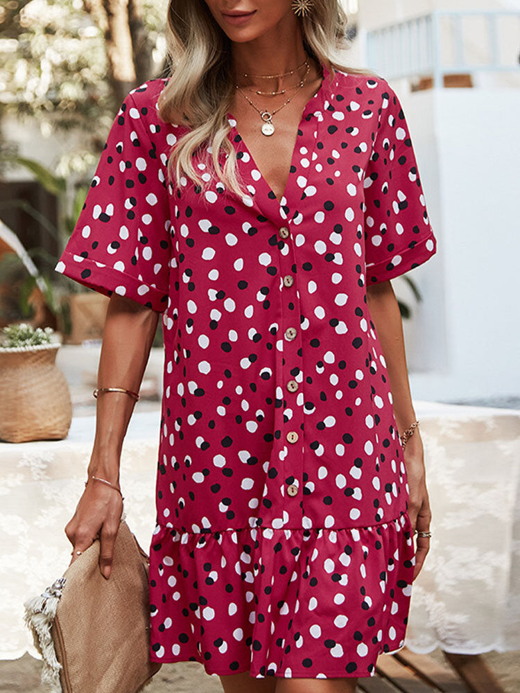 Polka Dot Half Sleeve Button V-neck Dress For Women