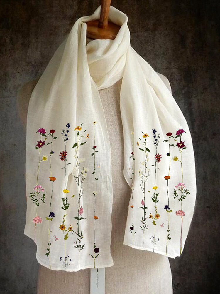 Women Solid Color Printing Pattern Linen Long Scarf Shawl Multi-Purpose Elegant Neck Wrap