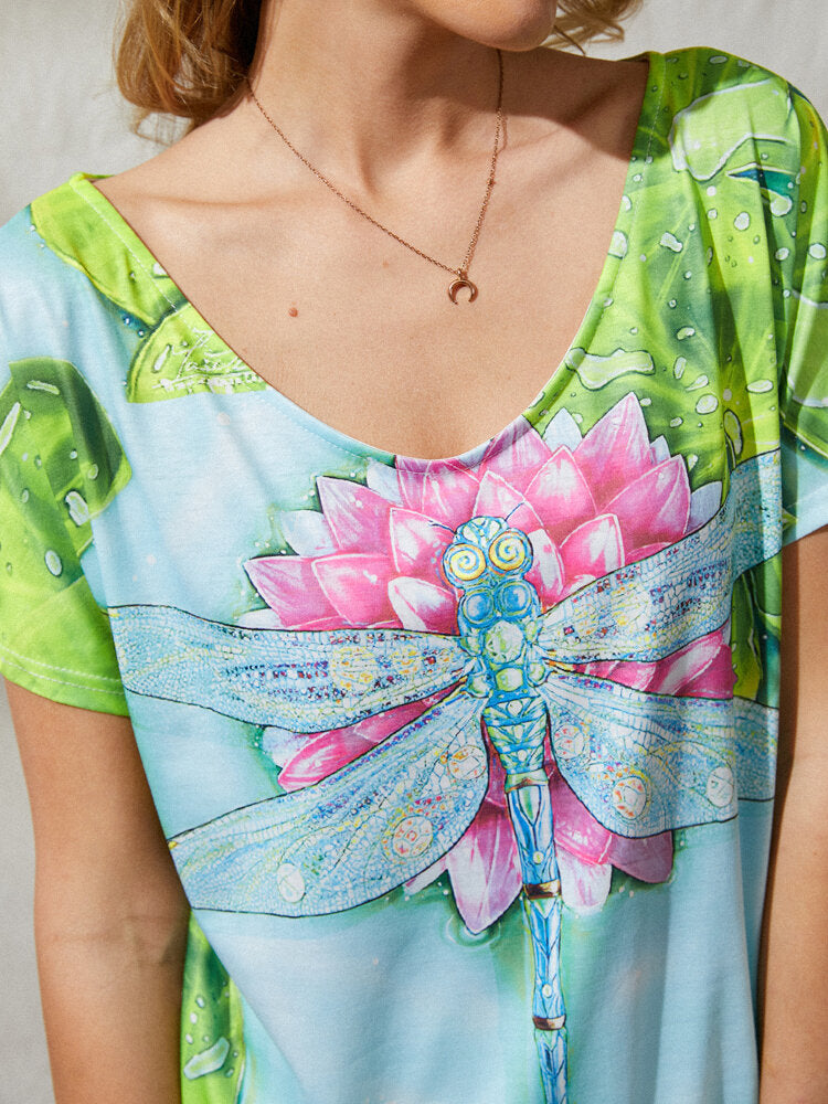 Flower Dragonfly Print V-neck Short Sleeve T-Shirt For Women