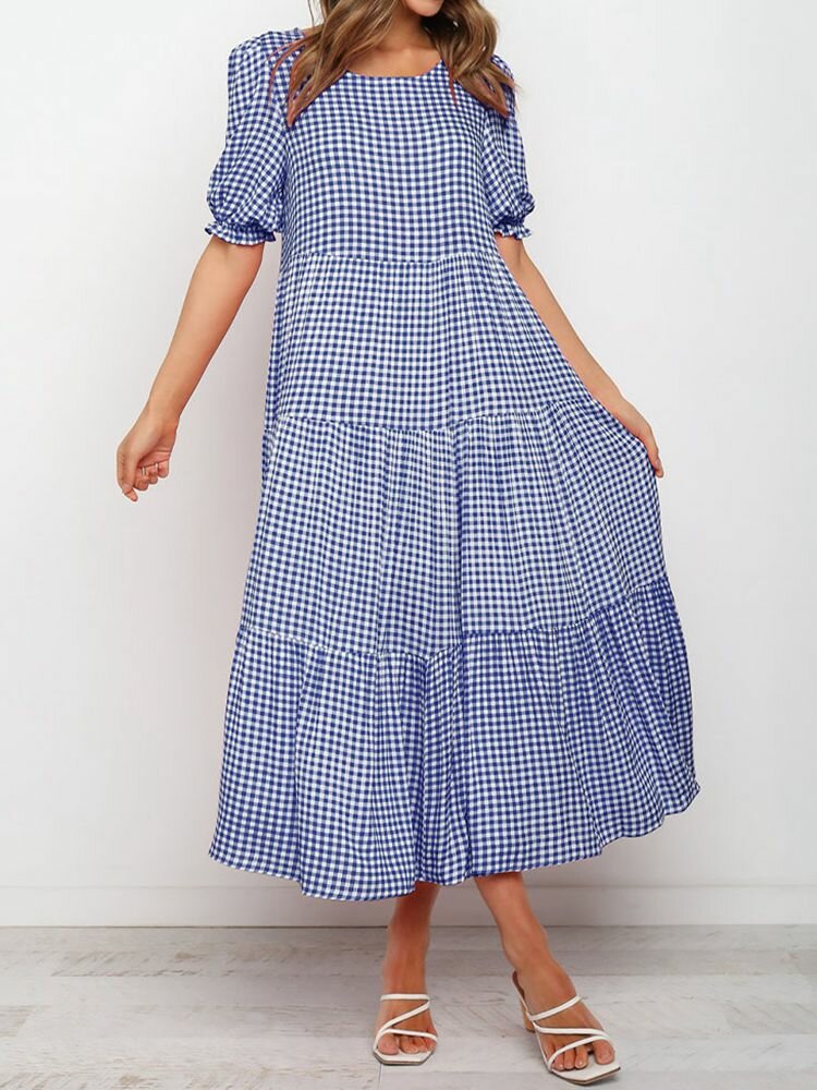 Plaid Polka Dot O-neck Puff Short Sleeve Dress For Women