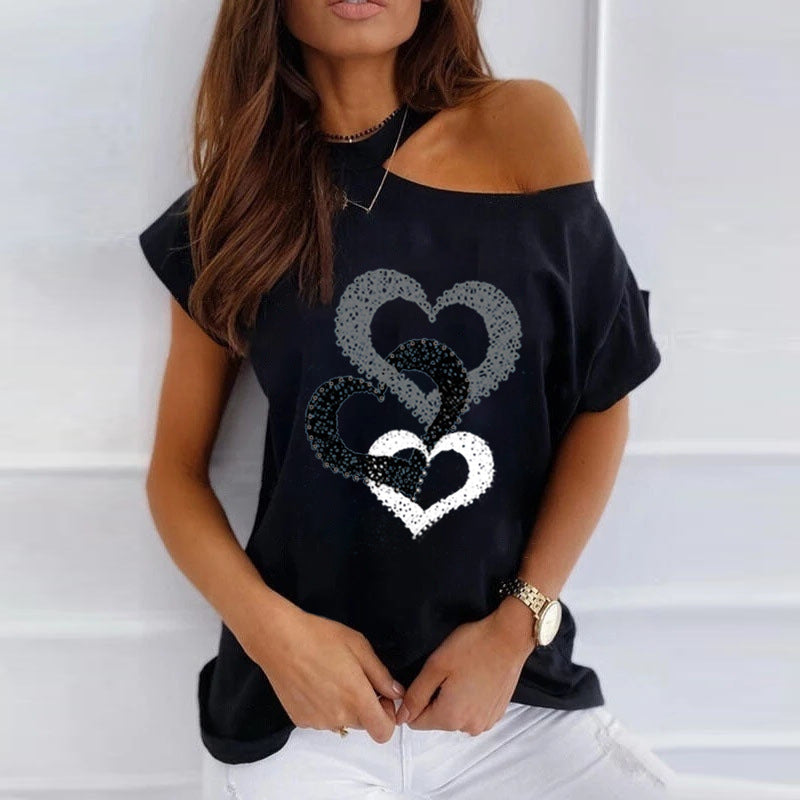 Fashion Off Shoulder T Shirt Hollow Out O-Neck Short Sleeve Casual Tops Love Sequins Loose Ladies T-shirt Summer Women Tee Shirt