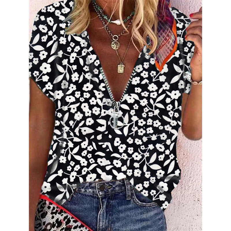 Summer Casual Women Shirt Fashion Loose T-Shirt Printed Zipper V-Neck Loose Short-Sleeved Shirt for Women Plus Size Tops