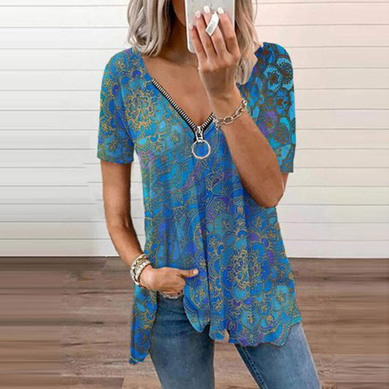 Summer T Shirt V-neck Zipper Pullover Floral Print Short Sleeve Loose Shirts Fashion Casual Plus Size Top