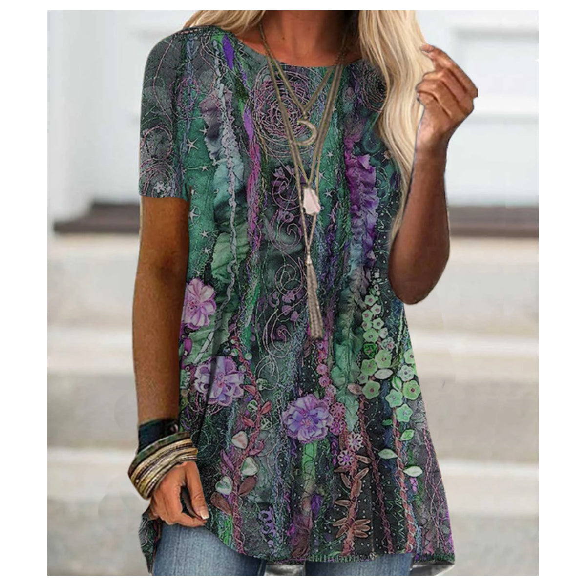 Floral Round Neck Short Sleeve Casual T-shirts