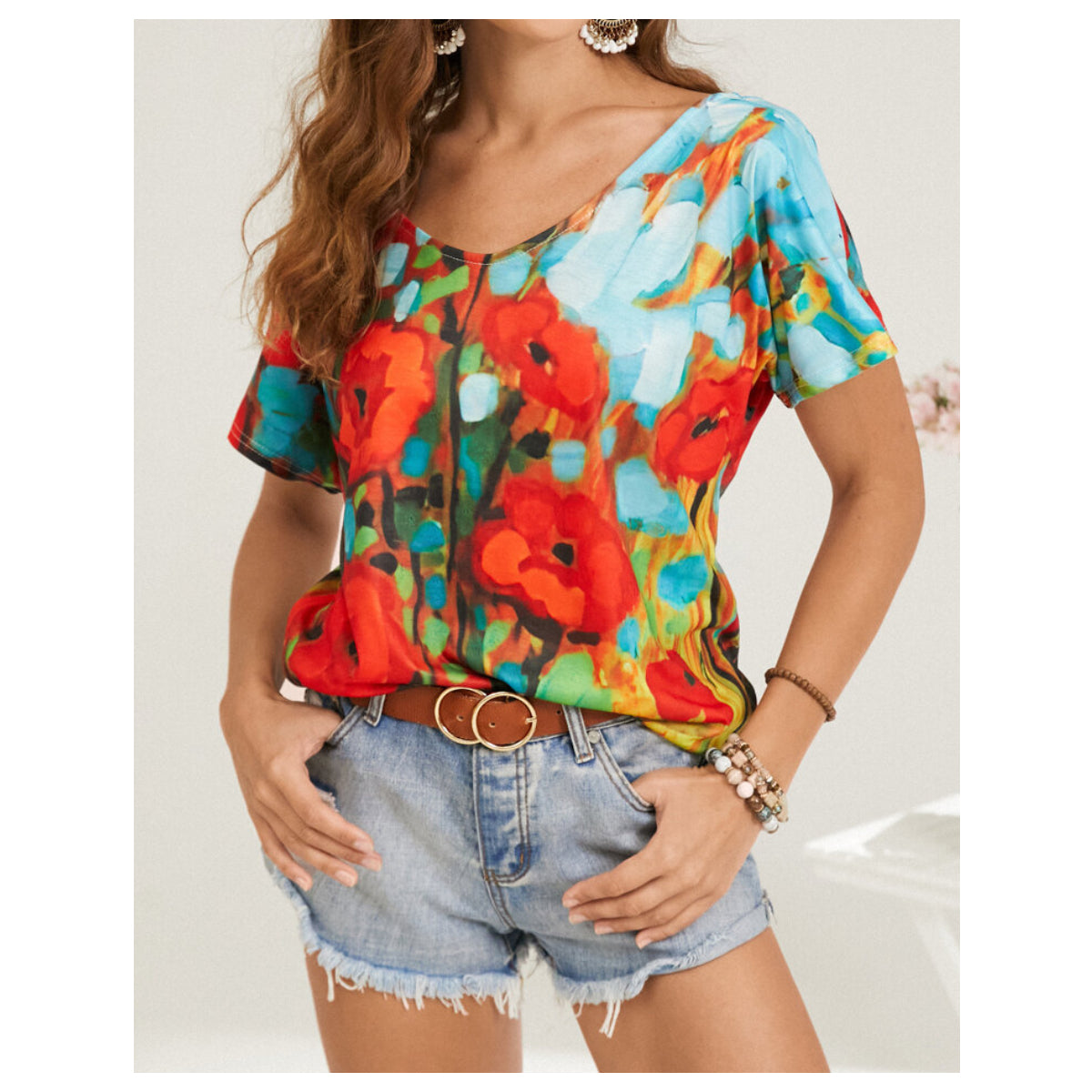 Abstract Flower Print V-neck Short Sleeve Casual T-Shirt For Women