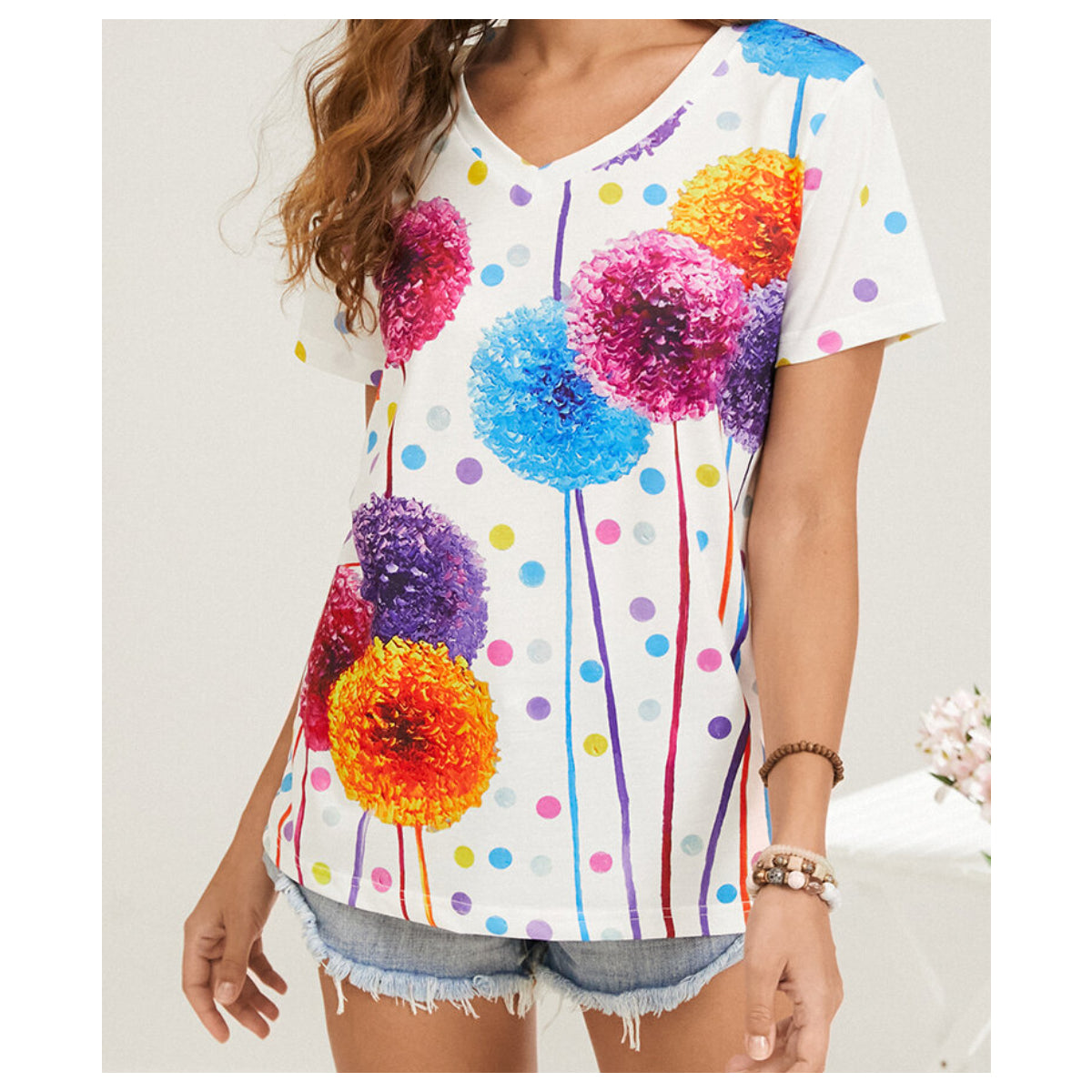 Multi-color Flower Dot Print V-neck Short Sleeve Casual T-Shirt