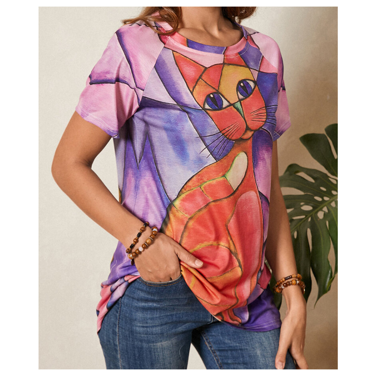 Abstract Cat Print O-neck Short Sleeve Casual T-Shirt For Women