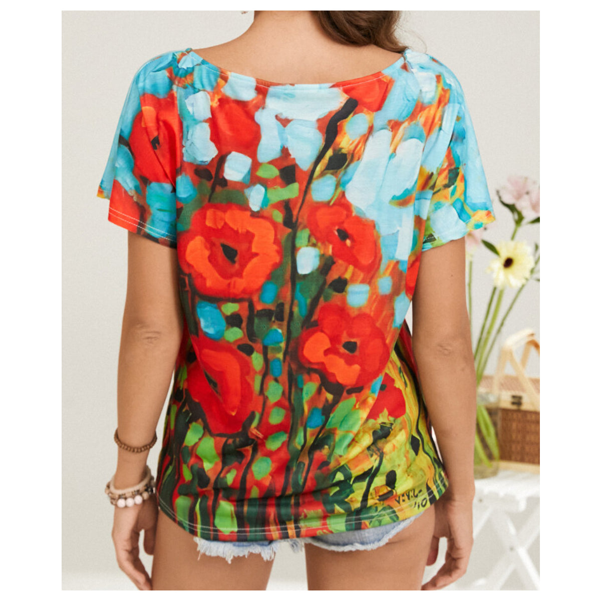 Abstract Flower Print V-neck Short Sleeve Casual T-Shirt For Women