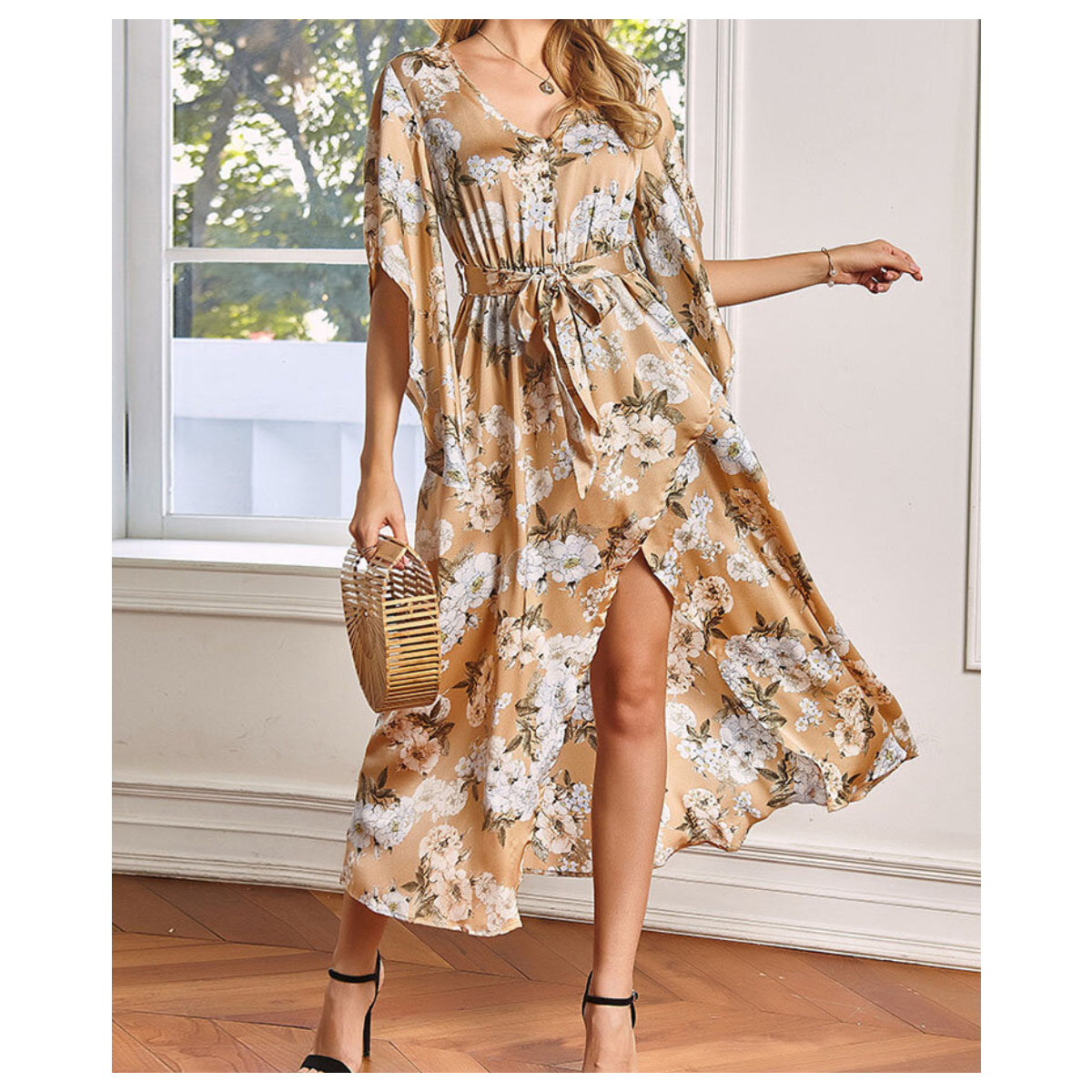 Calico Print V-neck Half Sleeve Dress With Belt For Women