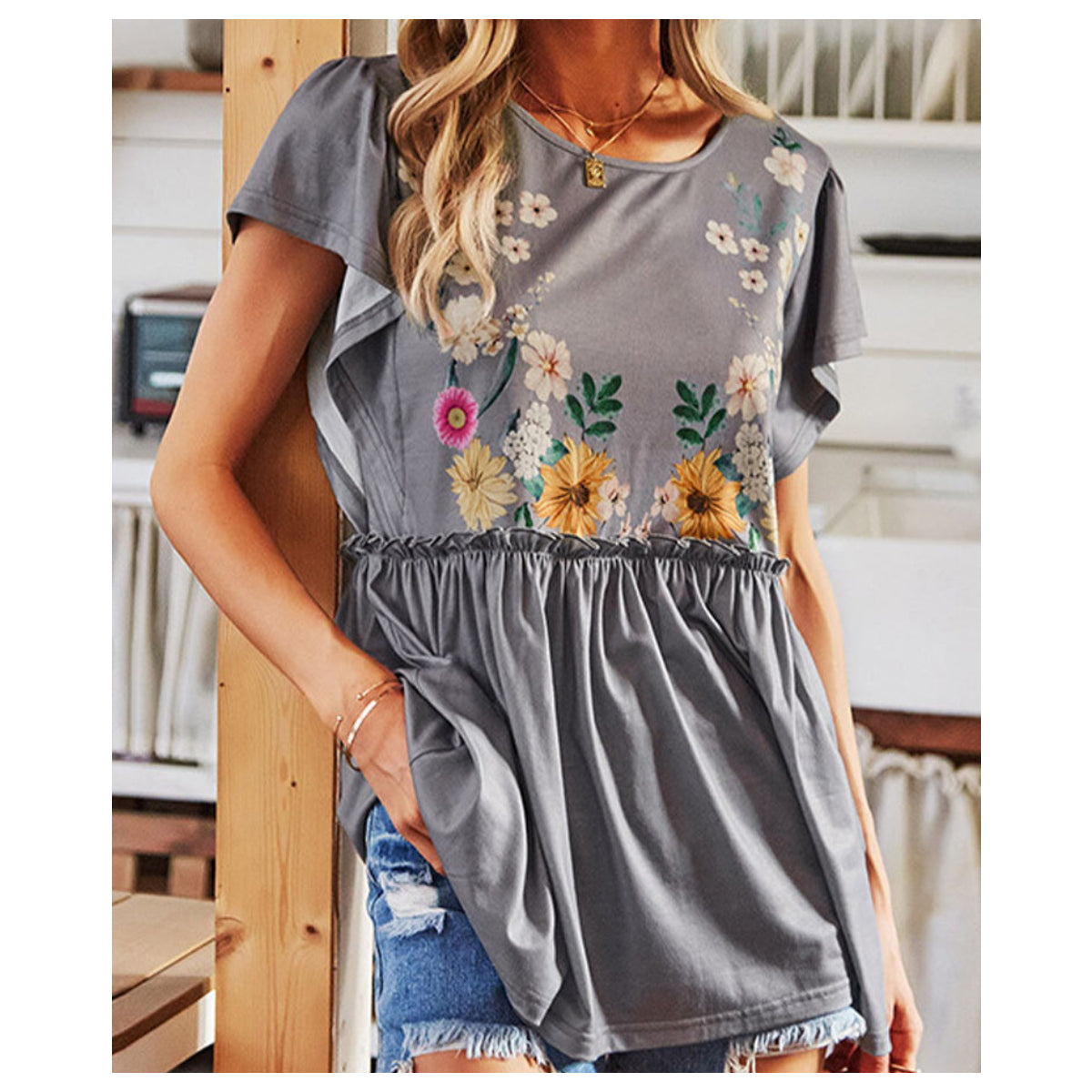 Flower Print Fungus Patchwork O-neck Short Sleeve T-Shirt For Women