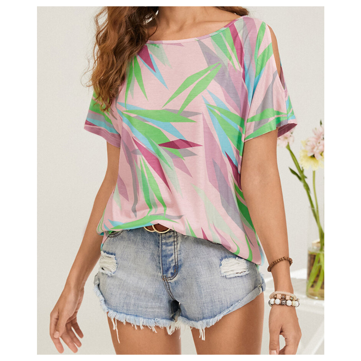 Geometric Print O-neck Short Sleeve Loose Casual T-Shirt For Women