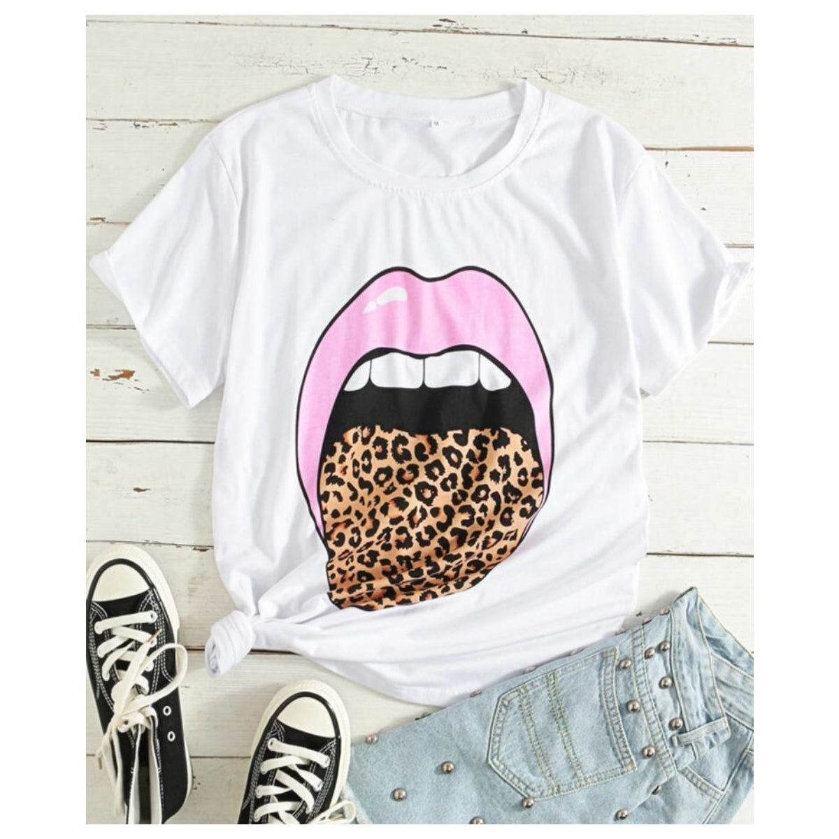 Lips Leopard Print O-neck Short Sleeve Casual T-Shirt For Women